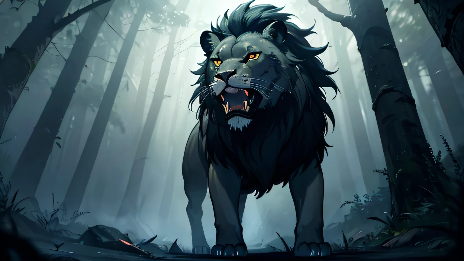 a fierce lion, glowing eyes, sharp fangs, pouncing mid-air, dark mysterious forest, moody lighting, hyper realistic, cinematic lighting, intricate details, 8k, high quality, photorealistic, dramatic, powerful, majestic