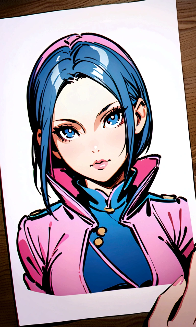 There is a girl wearing thin pink coat and thin blue short skirt , stylized portrait drawing.