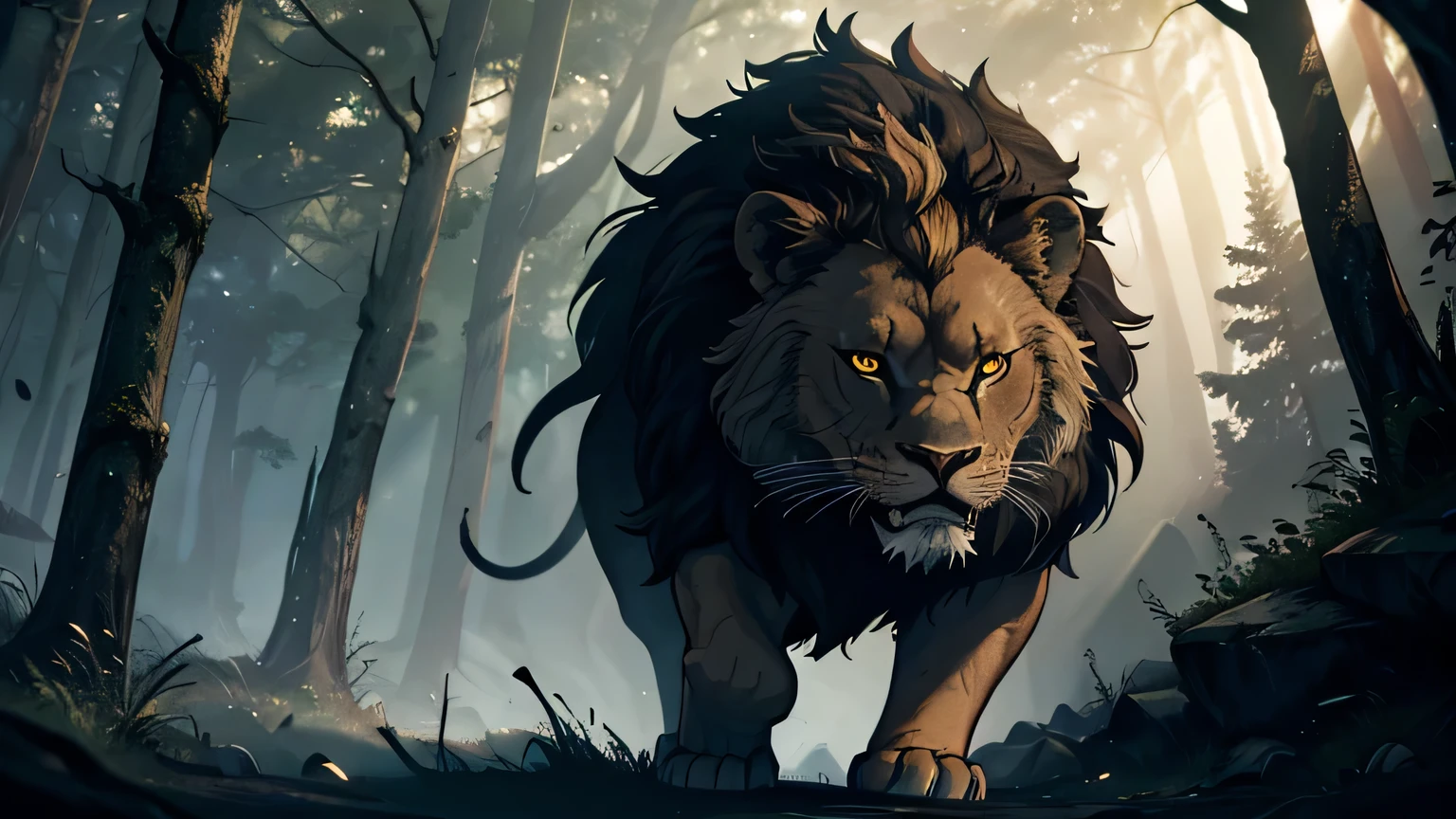 a fierce lion, glowing eyes, sharp fangs, pouncing mid-air, dark mysterious forest, moody lighting, hyper realistic, cinematic lighting, intricate details, 8k, high quality, photorealistic, dramatic, powerful, majestic