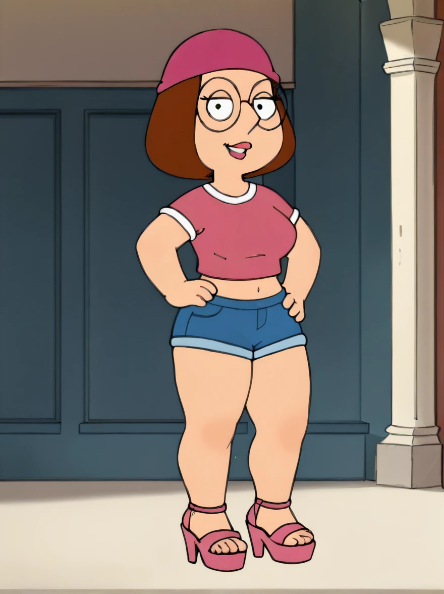 meg, brown hair, 1girl, glasses, solo, short hair, flat color, blue short shorts, beanie, pink crop-top,standing, hand on own hip, looking at viewer, smile, extra large breasts, thick thighs, thin waist, open-toe platform high heels