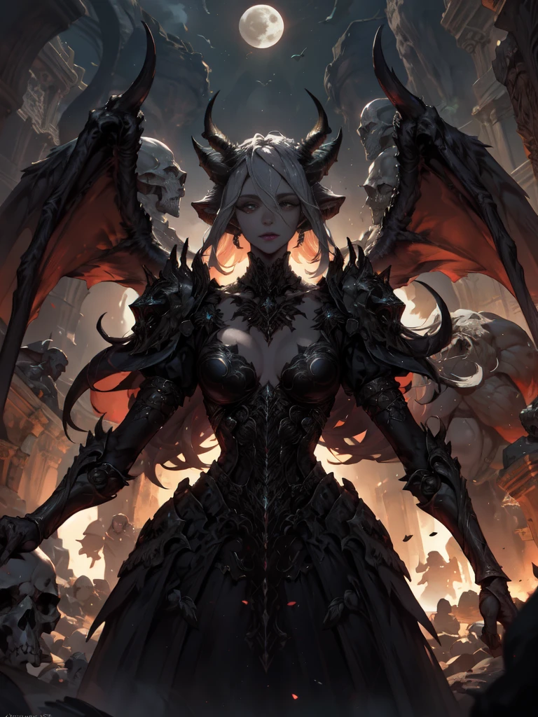 a fantasy image, a cave full of bones and skulls, it should show a faint moonlight, in the center of the image there should be a woman with long bat wings and long horns, the background should be a clear night sky with a moon red behind.