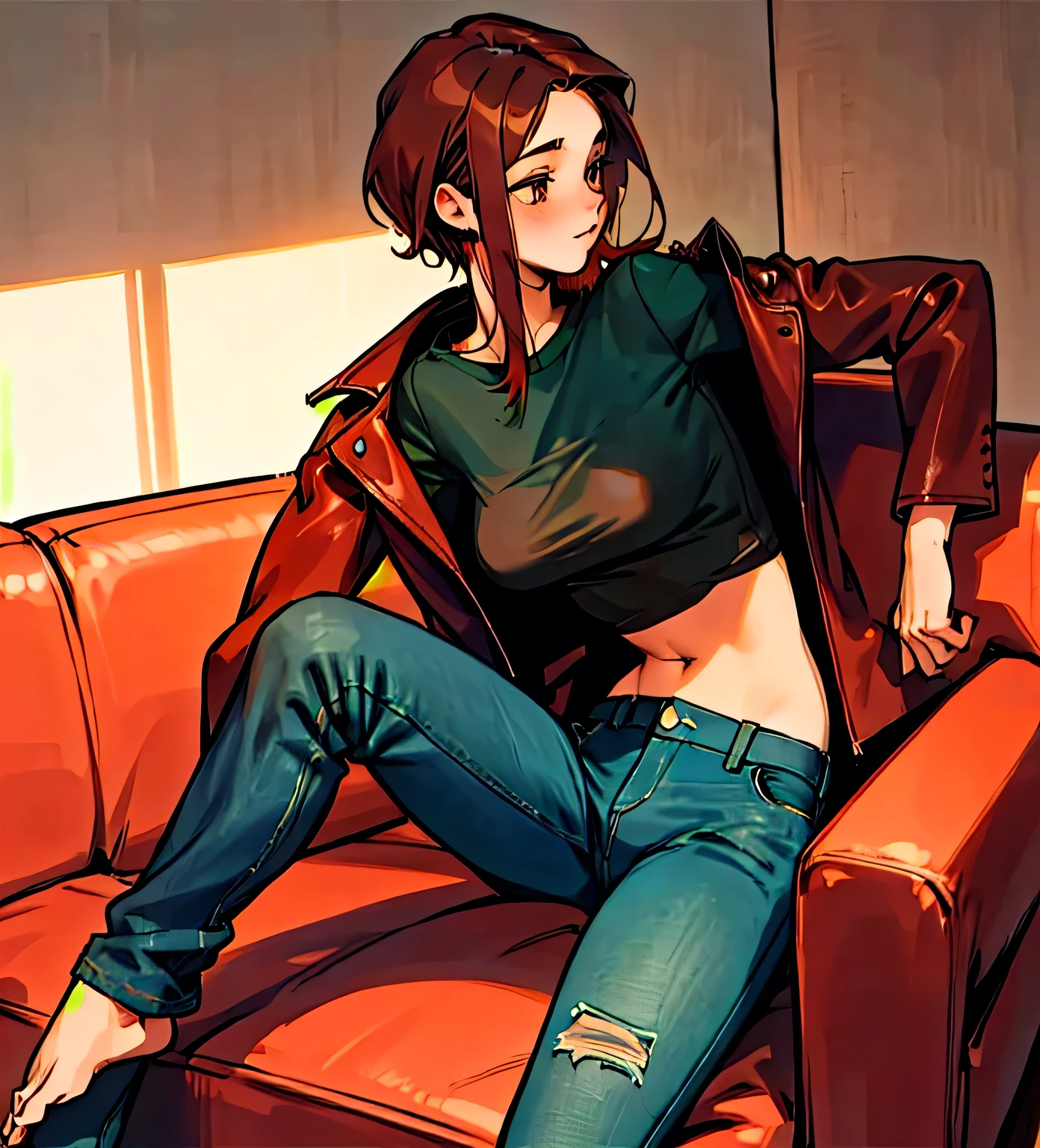 A 21-year-old girl has sex with her boyfriend on the couch in her apartment, redhead girl, Brown eyes, brown leather jacket, black shirt, unbuttoned blue jeans, green female underwear, barefoot, Brown hair boy, with a little beard.