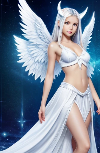 A white angel, clothes, fantasy, angel, small horns from the front of the the head, blue eyes, full body, female, angel, large white feathered wings on her back, pointed ears, clothes, halo, adult