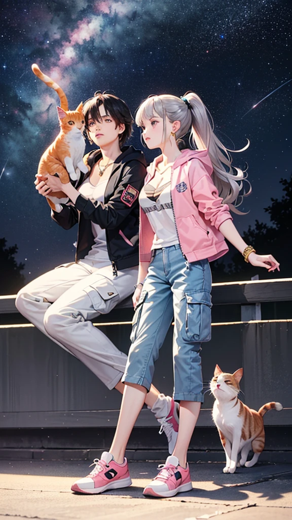 (((Holding a cute orange bantam cat in both hands))),((Highest quality,masterpiece,Full body front view of a mature beauty with big breasts,Air bangs,Blue gray high ponytail super long straight hair,Slightly curly hair on double sideburns,Hair ends curled in,Gray and pink short T-shirt,Light blue denim gray hooded jacket,Black and gray long and wide cargo pants,Pink and white sneakers)),Simple, small and exquisite round necklace,Little star earrings,Wearing a very thin gold bracelet on the right hand,starry sky galaxy background,Look at the camera