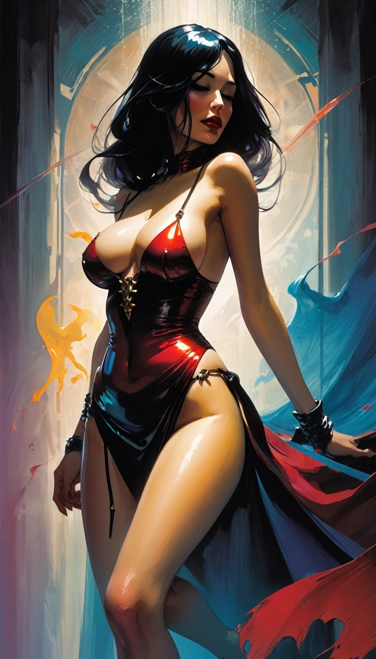 The sexy and dark art of seduction (art inspired in Bill Sienkiewicz). oil painting) (best quality,4k,8k,highres,masterpiece:1.2),ultra-detailed,(realistic,photorealistic,photo-realistic:1.37),intricate details,vivid colors,sharp focus,professional,Dave McKean artwork, oil touch of surrealism,oil painting style