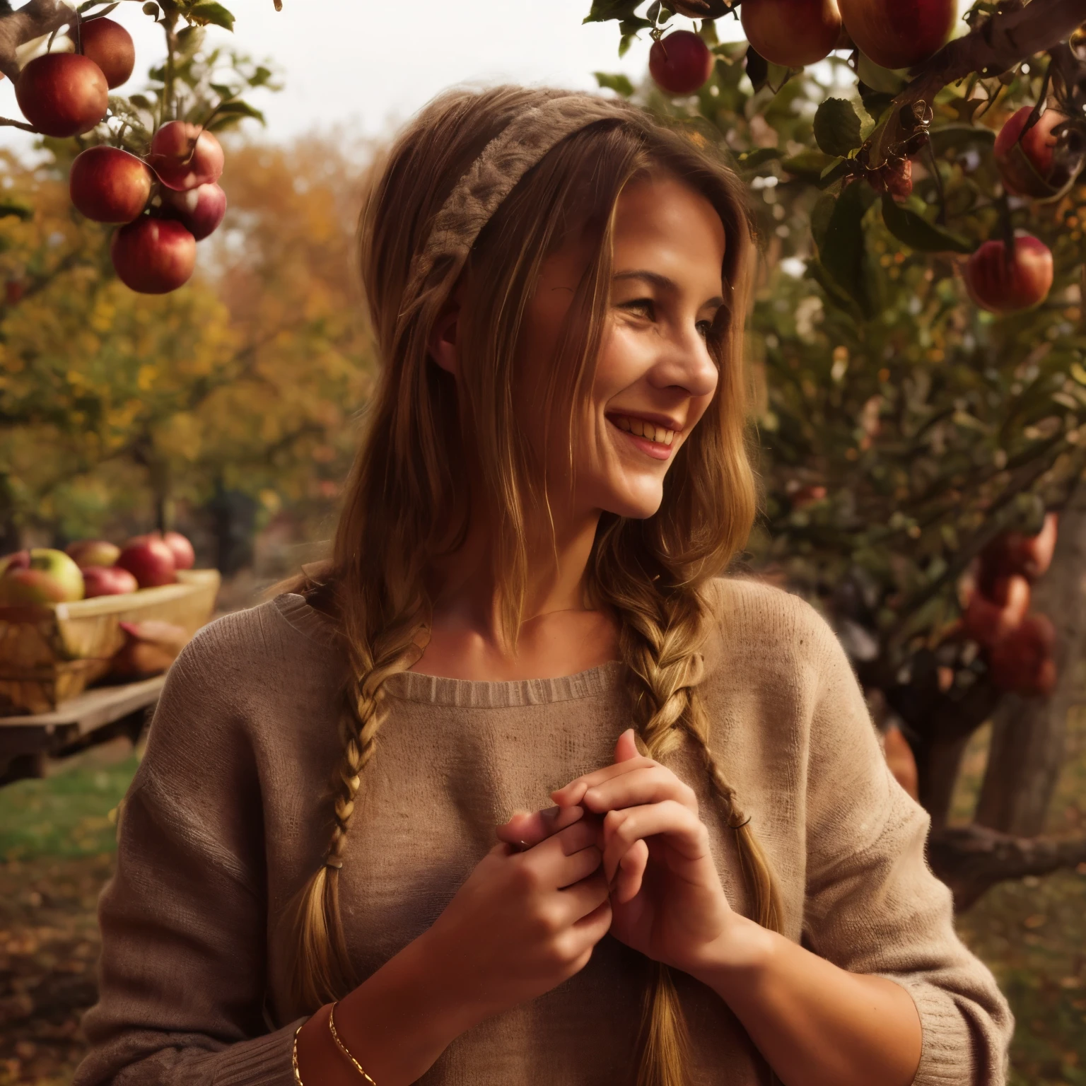September - Apple Orchard Harvest Festival
In this September calendar scene, the portrait of 1woman blond LaGermania happy curious deductive smiling captures the festivity of an apple orchard harvest festival. She walks among laden apple trees and festival stalls, dressed in a cozy sweater and jeans in shades of apple red and autumn brown. The sweater is adorned with cable knit patterns and elbow patches, reflecting the warmth and rustic charm of autumn orchard attire. LaGermania's blonde hair is styled in a side braid, adorned with a knitted headband and apple-stained fingers that pluck ripe fruit. Around her, children play games with apples and musicians serenade visitors with folk tunes, creating a lively backdrop against the bustling orchard festival. The scene features bushels overflowing with apples and a cider press in full operation, evoking the joyous atmosphere of fall harvest celebrations. LaGermania's posture exudes excitement, one hand holding an apple while the other gestures towards festival activities. Her expression is filled with merriment and enthusiasm, a seductive smile hinting at the festive spirit. This scene captures the essence of apple orchard festivities and seasonal abundance, with every detail from the cozy sweater to the ripe apples meticulously described.