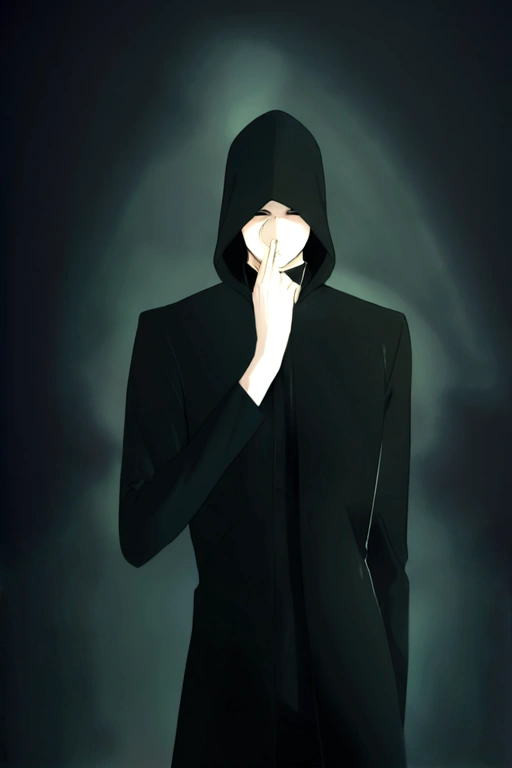 A man with dark clothes, including a hood that covers a large part of his face, leaving only his eyes showing. He exudes an aura of mystery, with a penetrating gaze that suggests he knows more than he lets on.