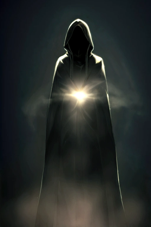 A man with dark clothes, including a hood that covers a large part of his face, leaving only his eyes showing. He exudes an aura of mystery, with a penetrating gaze that suggests he knows more than he lets on.