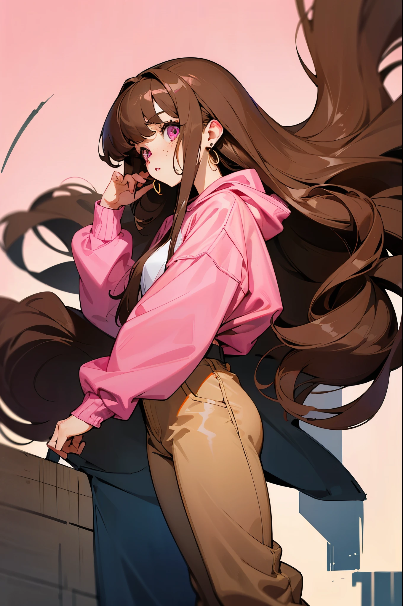 A 21 year old female with long brown curly hair, bangs. Pink eyes. freckles. a oversized long hoodie, earrings, and long pants.
