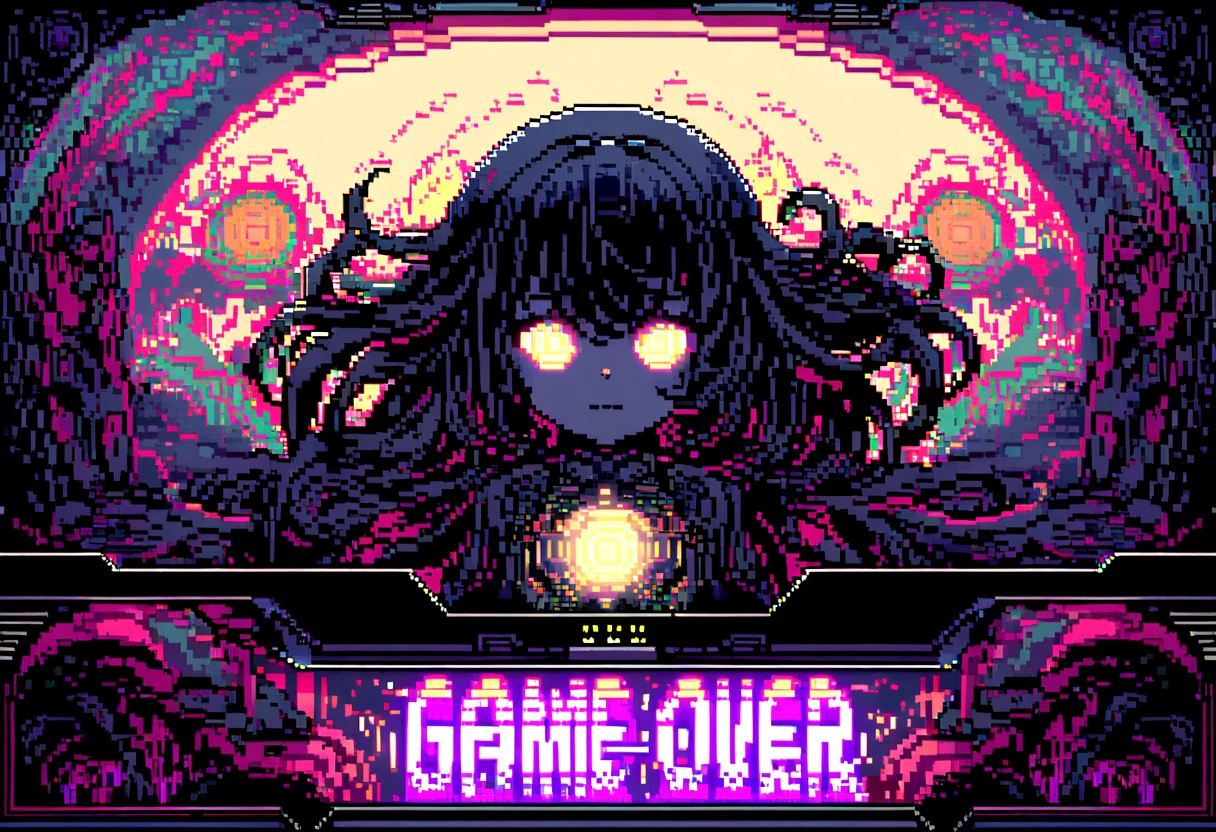 Elements: A pixel art game over screen, in dark tones, with the message "Game Over" highlighted. Lines of code and sound waves appear in the background, creating a psychedelic effect.
• Colors: Dark tones of red and black with points of white and yellow light.