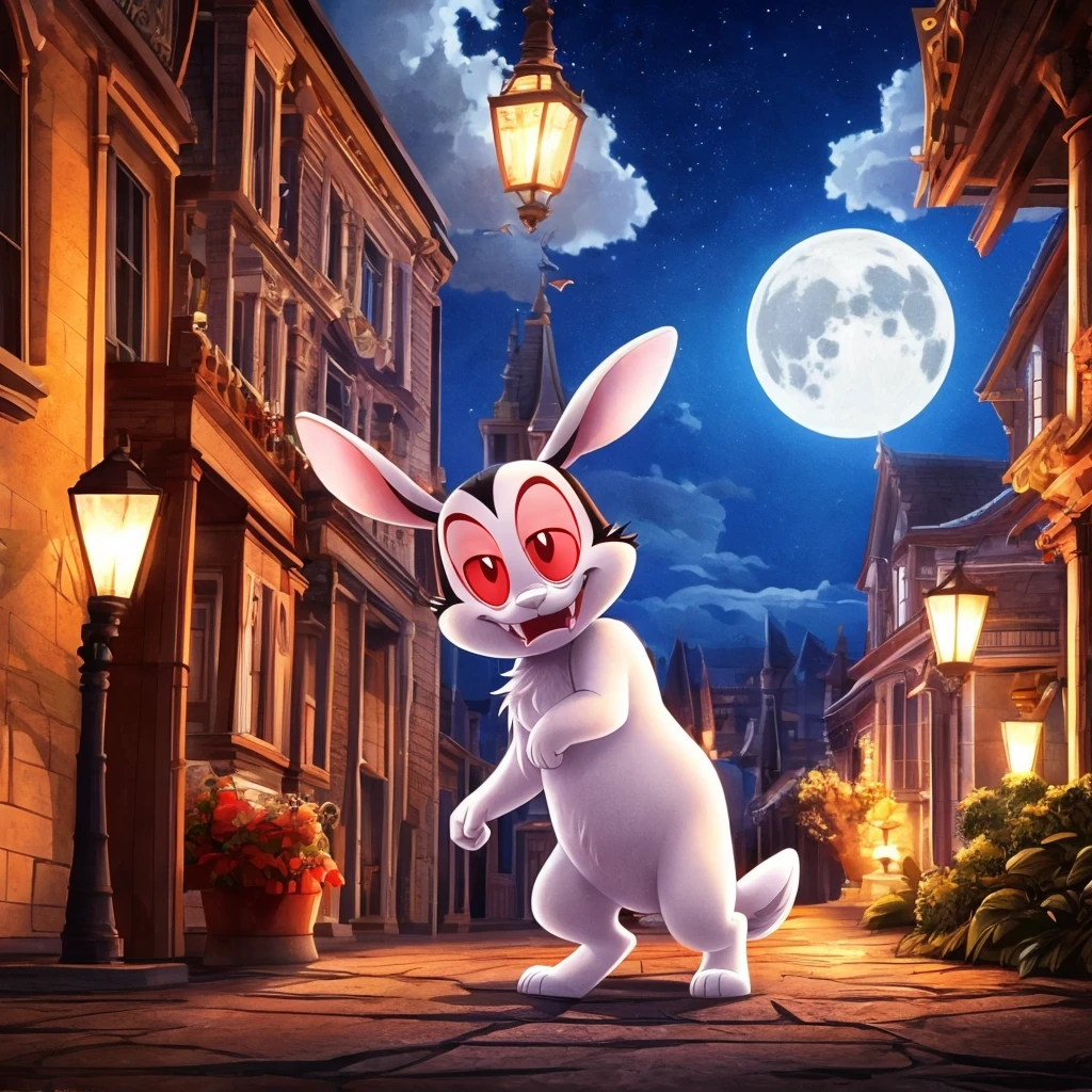   BunniculaBunNi, Alone,  Red eyes,  Chibi,  white sclera, [mamsion, focus close close, outside the mansion,1 moon shining, clouds, street,]
 (beautiful, aesthetic, perfect, delicate, intricate), Masterpiece, realistic details, Best Quality,   (stopped ), illustrative, pictorial, Very detailed, live action movie texture, sticking its fangs into carrots