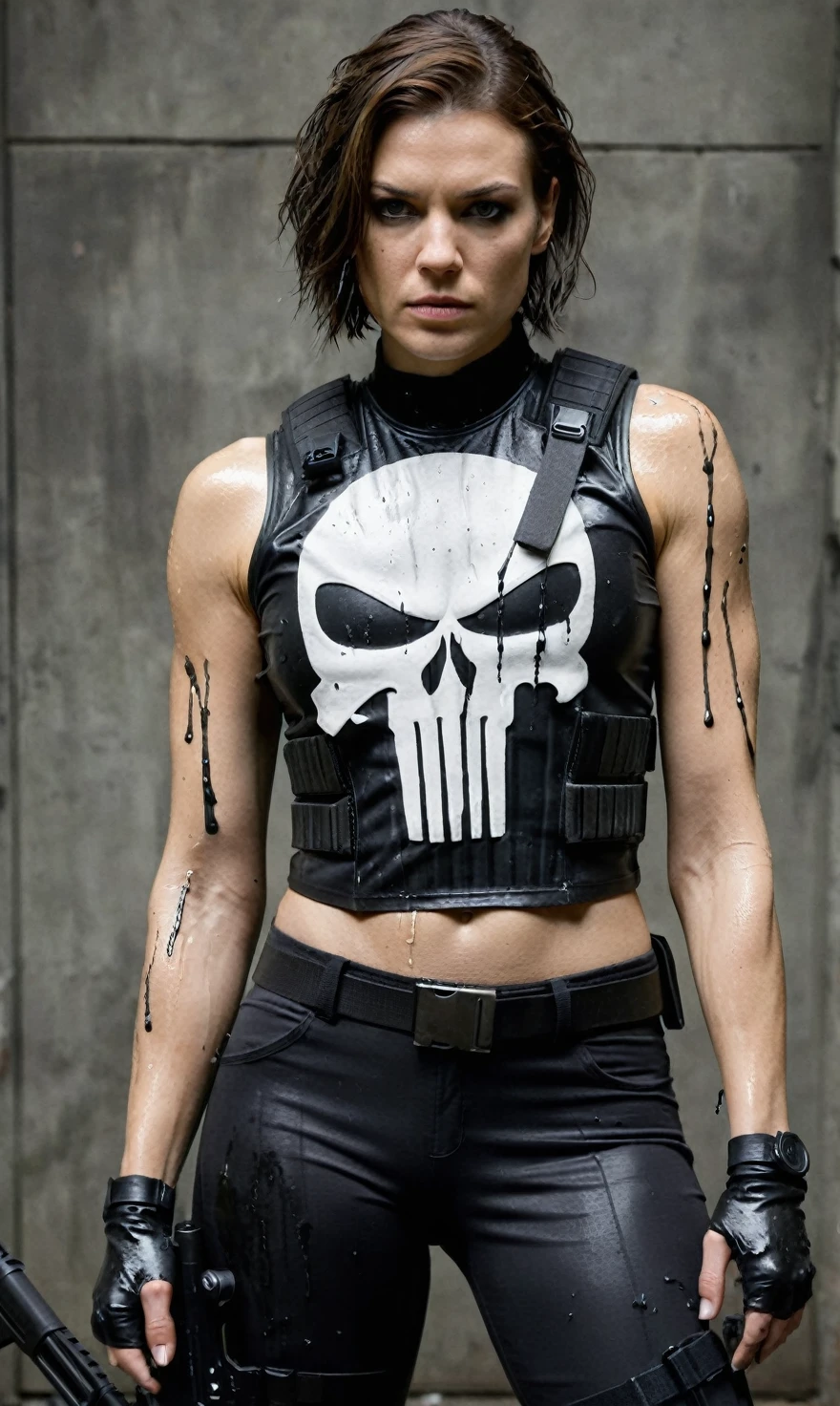 realistic, Lauren Cohan as Punisher, Punisher outfit, female Bulletproof vest, wet and sweaty hair, combed back,a few strands falling on her face, face painted black around the eyes, shoulderless crop top, women's bulletproof vest, gray spray-painted Punisher logo on the vest, slightly worn and worn, dirty, injured, wiem clothes,  angry, revenge, dynamic pose, militarny Black trousers, militarny high shous, Black makeup around eyes, dark photo, dangerous and sexy, military knives, guns, automatic rifle, dark scenery and background, imersive background, raw photo, 8k, very detailed, cinematic