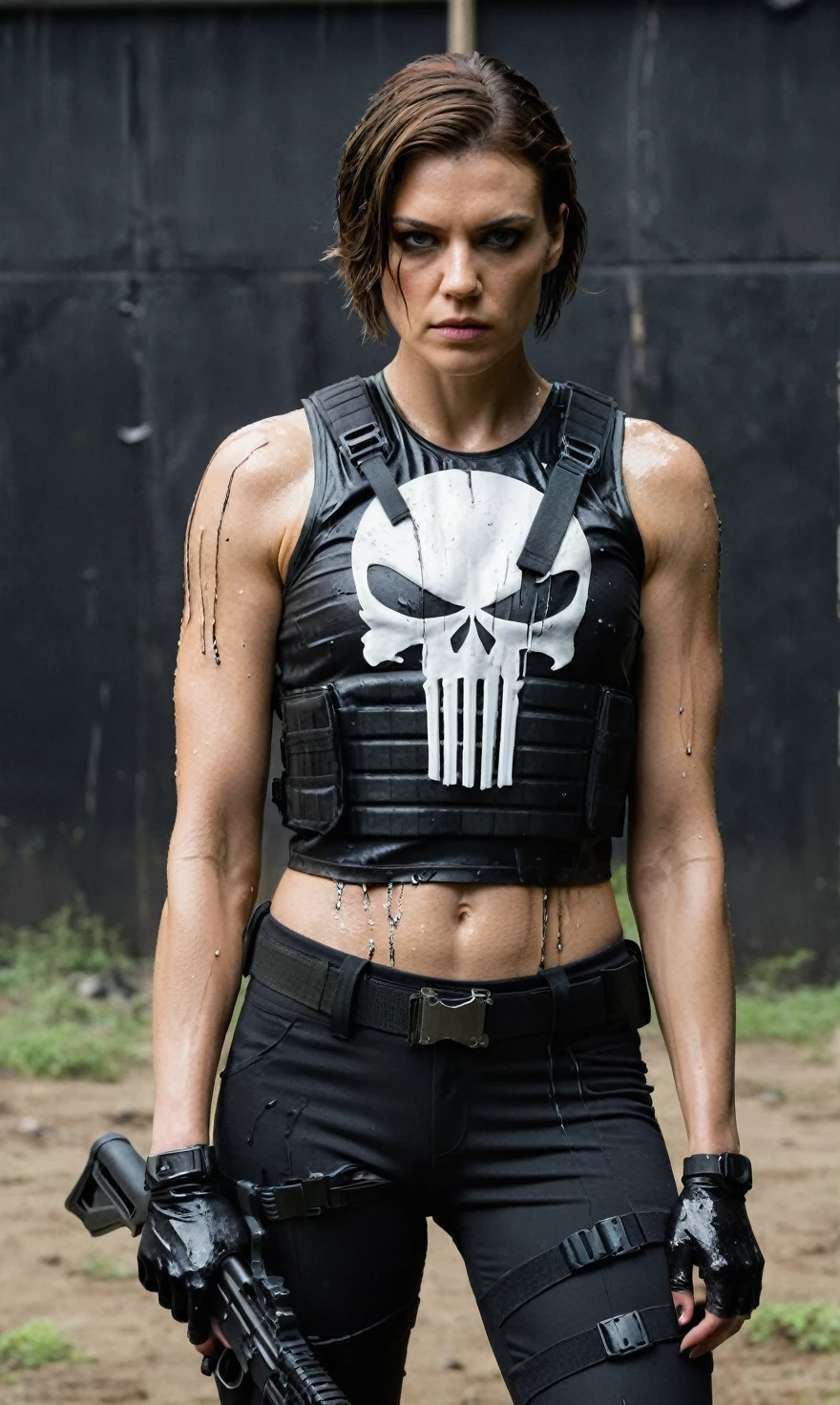 realistic, Lauren Cohan as Punisher, Punisher outfit, female Bulletproof vest, wet and sweaty hair, combed back,a few strands falling on her face, face painted black around the eyes, shoulderless crop top, women's bulletproof vest, gray spray-painted Punisher logo on the vest, slightly worn and worn, dirty, injured, wiem clothes,  angry, revenge, dynamic pose, militarny Black trousers, militarny high shous, Black makeup around eyes, dark photo, dangerous and sexy, military knives, guns, automatic rifle, dark scenery and background, imersive background, raw photo, 8k, very detailed, cinematic