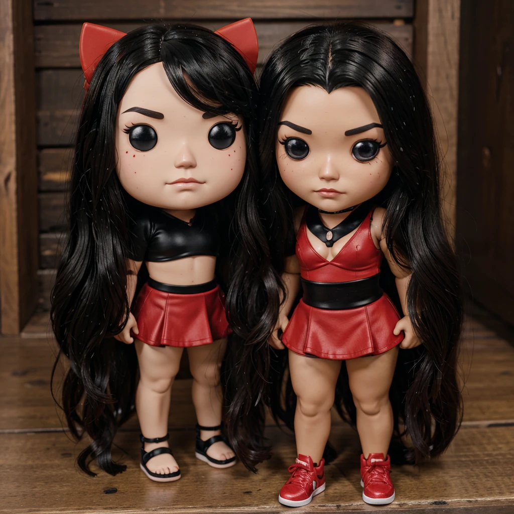 Make a FUNKO POP DOLL,of one with red skin and long black hair,She's a demon so don't forget the horns and tail,her clothes are:a low-cut and short black blouse,She has short white shorts and black boots,I want the doll to be on a table,and on the side THE SAME DOLL JUST INSIDE THE ORIGINAL FUNKO POP BOX,the doll's name is "GUILTY"
