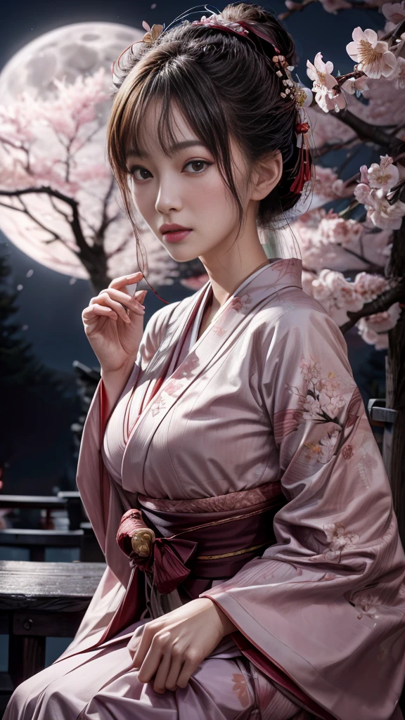 Very beautiful woman、Slender women、Japanese clothing、Hakama、((Big Breasts))、samurai、(((night)))、Outdoor、((moon))、((cherry blossoms))、Very beautiful woman、Slender women、(Detailed face)、Realistic skin、((Delicate photo))，(Girl Masterpiece RAW Photo Details:1.25), (Highest quality:1.6), (Ultra-high resolution:1.5), (Realistic:1.75), 8K resolution, Canon EOS R5, 50mm, Absurd, Ultra-detailed,Cinema Lighting、
