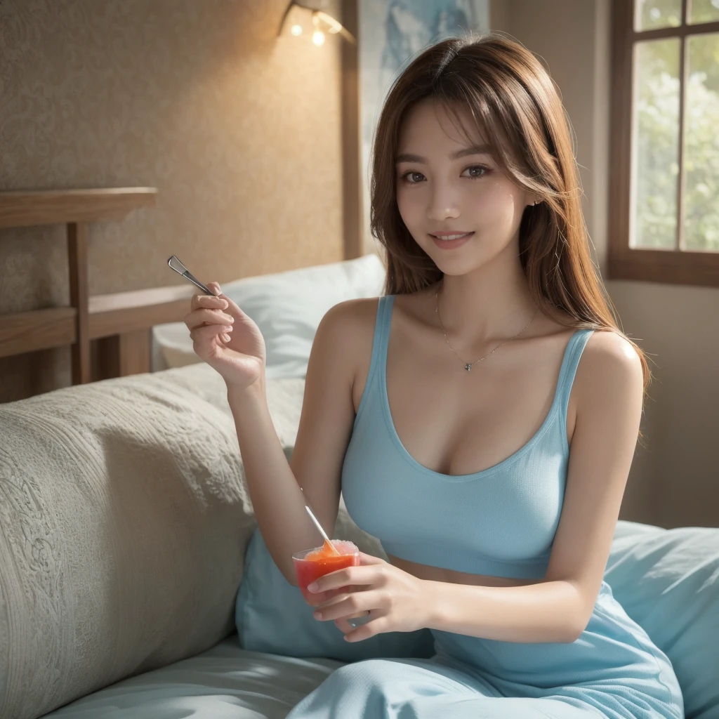 (“solo” Detailed and realistic portrait of a beautiful young Asian woman。She has long light brown hair and big light brown eyes. )((full breasts , tomboy girls, small head)), daylight, sunlight, (chiseled abs : 1.1), (perfect body : 1.1), auburn hair, collar, chain, full body shot, , Top quality, 1 beautiful woman, long Hair, brown hair, A beautiful woman is sitting cross-legged on a bed, bathed in morning light. She is wearing a light blue Tank Top Pajamas. With both hands raised, she is smiling brightly and saying “Good morning.” The room is filled with soft morning light, creating a relaxed and welcoming atmosphere.(extremely detailed CG 8k wallpaper), (an extremely delicate and beautiful), (masterpiece), (best quality:1.0), (ultra highres:1.0),  beautiful lighting ,perfect lightning, realistic shadows, [highres], detailed skin, ultra-detailed, A beautiful woman is offering shaved ice to the viewer, holding a spoonful towards the camera with a friendly smile.
