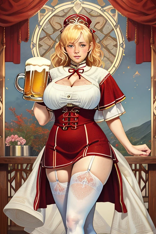 ((best qualityer)), ((work of art)), (detailded), Goddess Freya, beautfull woman, blonde, Attractive woman, voluptuous, slim, busty, Broad Hips, wide thighhighs, clear eyes, short in stature, freckles on the face, nordic clothes, holding a wooden mug with beer,