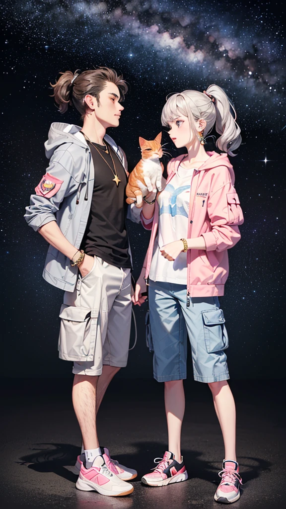(((Holding a cute orange bantam cat in both hands)))，((Highest quality，masterpiece，Full body front view of a mature beauty with big breasts，Air bangs，Blue gray high ponytail super long straight hair，Slightly curly hair on double sideburns，Hair ends curled in，Gray and pink short T-shirt，Light blue denim gray hooded jacket，Black and gray long and wide cargo pants，Pink and white sneakers))，Simple, small and exquisite round necklace，Little star earrings，Wearing a very thin gold bracelet on the right hand，starry sky galaxy background，Look at the camera