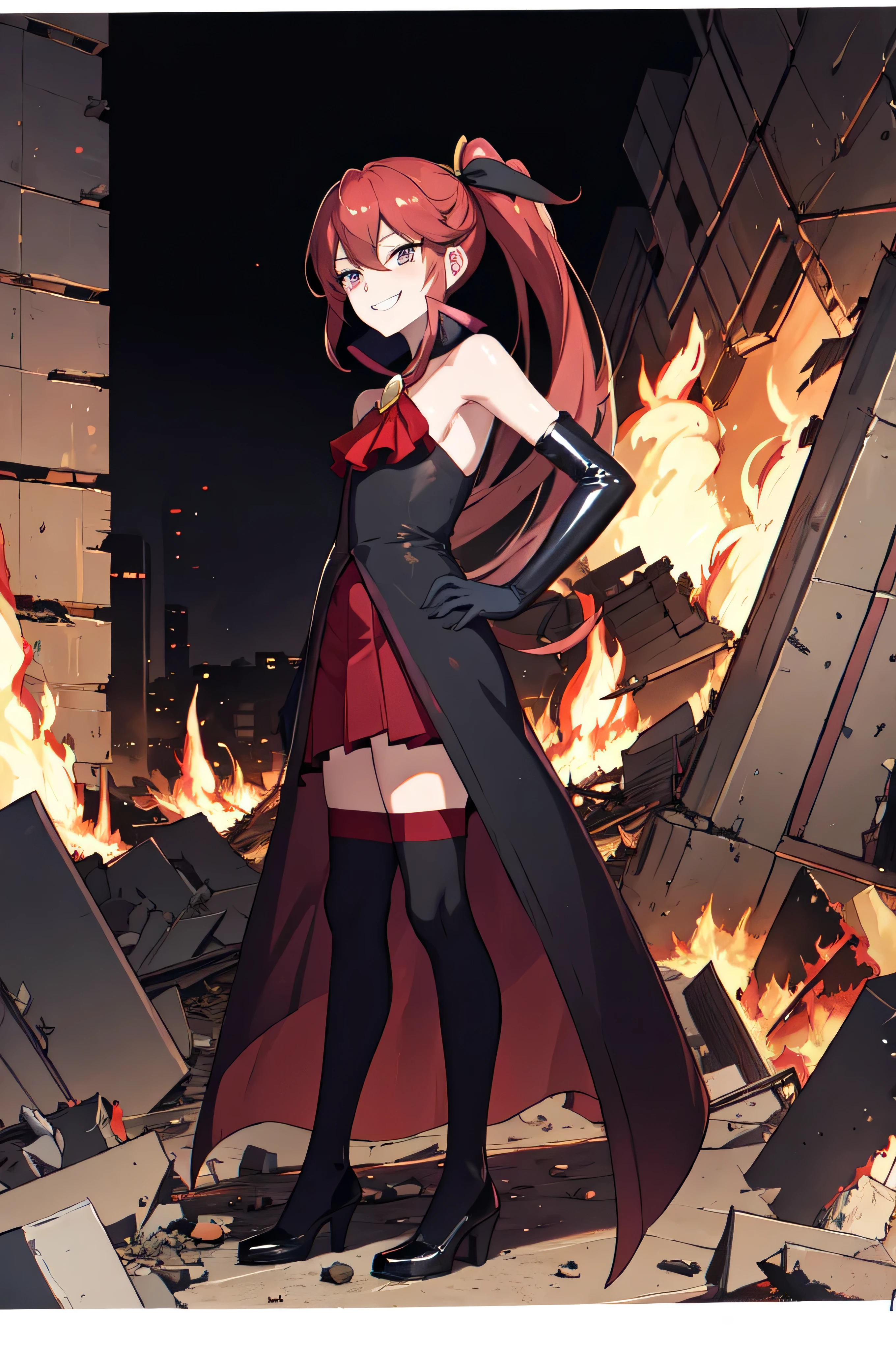 Highest quality, masterpiece, One Girl,Not beautiful, Red Ponytail, Long dress, brooch, Hair Ribbon, - Elbow hand pockets, Black knee socks, Standing on the rubble, Burning cityscape, (Wicked Smile:1.1), Hands on hips,,Dark shadowed face,Sadistic smile,Malice,Contempt,smile,latex,Bad face,,Red Skirt,