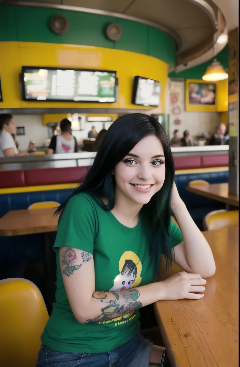street photography photo of a young woman with black and green hair, smile, happy, cute t-shirt, tattoos on her arms, sitting in a futurist diner 