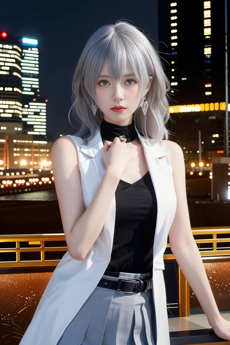 best quality, tmasterpiece,Ultra-high resolution,Clear face,（Reality：1.4），ferpect lighting，(upper body photo:1.5), (photorealistic:1.50), anime wallpaper, Guviz style artwork, cover-up fantasy up to magic , by Yang J, Guviz, beautiful artwork illustration, beautiful digital artwork, beautiful digital illustration, Li Song, beautiful anime portrait, art style in Beauvot, Prometheusds, 1girl, 独奏, bangs, jewelry, earrings, drill hair, twin drills, gray hair, closed mouth, red eyes, hair between the eyes, skirt, bare shoulders, gray skirt, hair decoration, jacket, skirt pleated, short sleeves, long hair, shirt, vest, small bust, belt, black shirt, bust, open clothes, white jacket, medium hair,