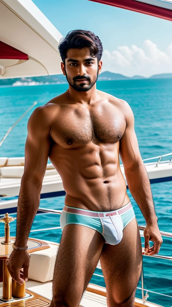 A sexy indian man wearing an underwear, in a yacht, beautiful scenery,, nsfw, homoerotic, masterpiece, detailed background, movie like visuals, crisp and clear photo, realistic, colourfull, best quality photo, he is looking at the camera seductively