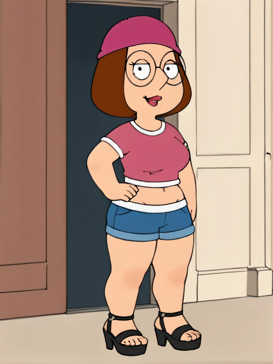 meg, brown hair, 1girl, glasses, solo, short hair, flat color, blue short shorts, beanie, pink crop-top,standing, hand on own hip,  looking at viewer, smile, extra large breasts, thick thighs, thin waist, tall open-toe platform high heels 