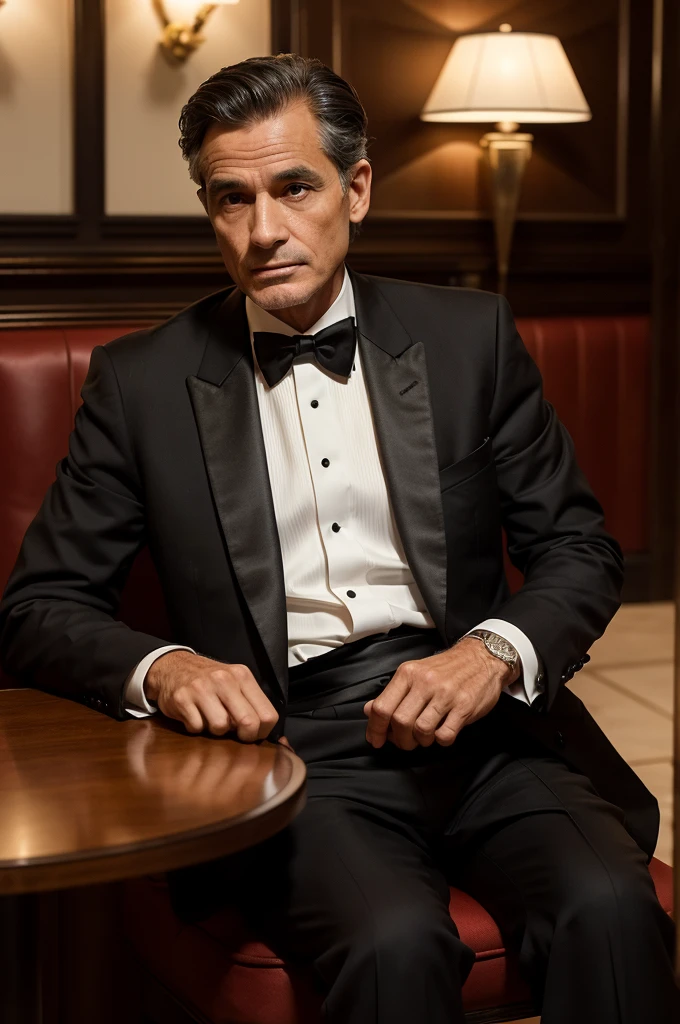 /A man in his 50s, very elegant, dressed in a tuxedo, sitting at a table, a set table, in a fancy restaurant. The man had a scared look on his face, looking at the photo. Realistic image, high definition quality, high quality image.