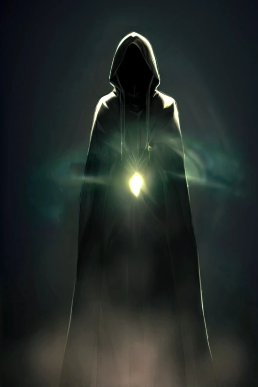 A man with dark clothes, including a hood that covers a large part of his face, leaving only his eyes showing. He exudes an aura of mystery, with a penetrating gaze that suggests he knows more than he lets on.
