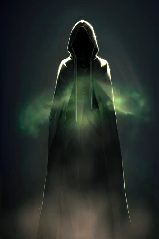 A man with dark clothes, including a hood that covers a large part of his face, leaving only his eyes showing. He exudes an aura of mystery, with a penetrating gaze that suggests he knows more than he lets on.