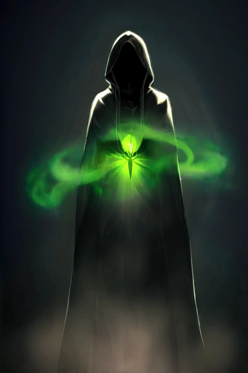 A man with dark clothes, including a hood that covers a large part of his face, leaving only his eyes showing. He exudes an aura of mystery, with a penetrating gaze that suggests he knows more than he lets on.