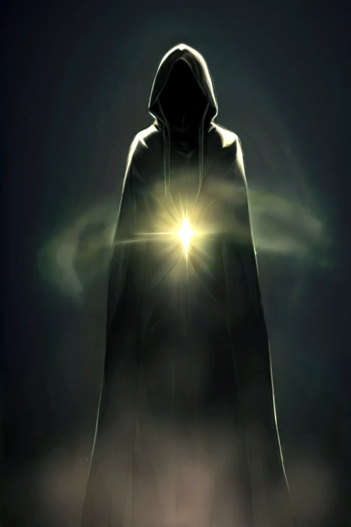 A man with dark clothes, including a hood that covers a large part of his face, leaving only his eyes showing. He exudes an aura of mystery, with a penetrating gaze that suggests he knows more than he lets on.