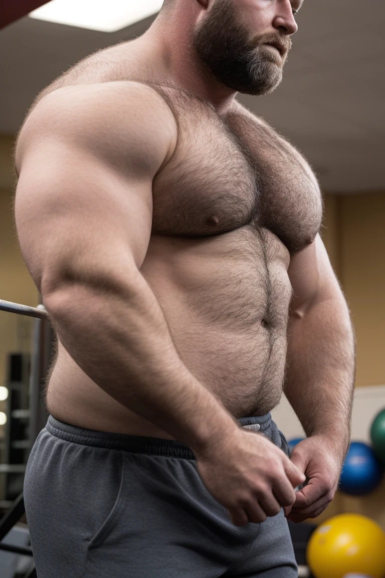 8KUHD HDR Very Extremely Realistic Very Detailed High Quality Create a professional studio-style Very Real photograph featuring a middle-aged daddy rugged muscle bears man , burly, very hairy, very beared big daddy muscle bear, and very realistic detailed rugged burly man and his husband in shorts. Very Realistic shorts, very realistic detailed shorts, very realistic hair, very realistic beards, very realistic thick chubby neck, very realistic neck lines, very realistic detailed neck, very realistic belly, very realistic burly chest, very realistic detailed hairy burly strong chest and arms, very realistic detailed hairy burly strong chest and arms, very realistic pecs, very realistic burly muscle bear body, very realistic nipples, very realistic burly muscle bear body, very realistic face, very realistic detailed face, very realistic eyes, very realistic detailed eyes, very realistic pupils, very realistic detailed pupils, very realistic nose, very realistic ears, very realistic facial features, very realistic burly arms, very realistic elbows, very realistic hands, very realistic pecs, very realistic belly, very realistic human man body, very realistic bellybutton, very realistic wrists, very realistic fingers, very realistic fingernails, very realistic shoulders, very realistic mouth, very realistic lips, very realistic detailed skin, very realistic skin, very realistic mens clothing, very realistic detailed mens clothing. Very Realistic Hairy Bearded Burly Muscle bear Photoshoot, A very realistic burly muscle bear man in a Gym, in a very realistic romantic and virile Gym scene. Very Realistic Intricately Detailed, Utilize all appropriate realistic lighting techniques for studio photography" very realistic detailed Gym surroundings, very realistic surroundings lighting, No Deformities, captured with a 85mm lens by a world famous photographer, Very Ultra Realistic and Very Realistic Photograph, Clear HDR Quality full with very realistic real details