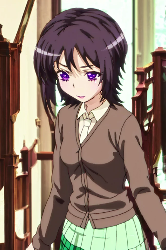(Masterpiece, Best Quality), 1 girl, Yozora Mikazuki, short hair, black fur, (purple eyes:1.1), shirt, , tie, cardigan, black tie, Skirt, green Skirt, pleated Skirt,