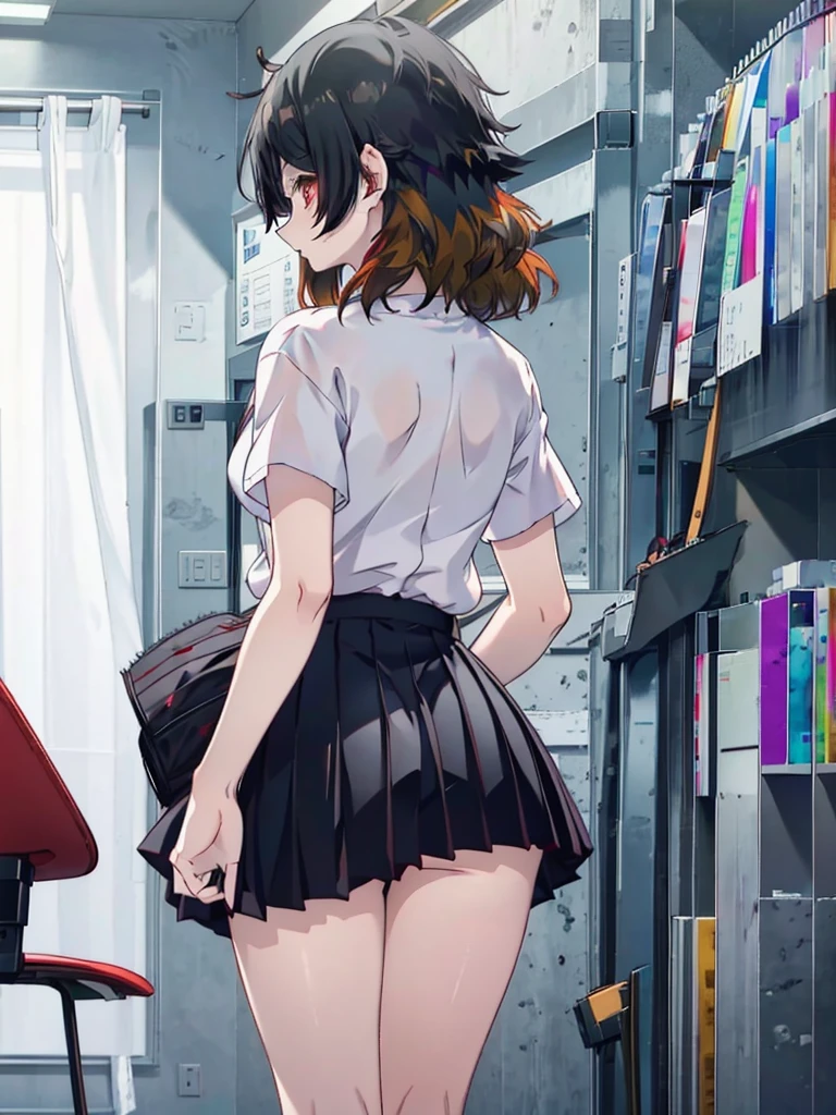 kuwanamaki, black hair with dark red highlights, red eyes, white shirt, short pleated skirt, (from behind), thighs, ass