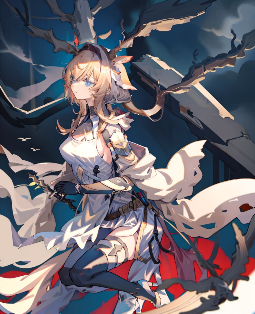 tmasterpiece,Best quality at best,A high resolution,
solo, 1girll, blond hairbl, blue color eyes, pony tails, deer ears, Deer tail,antlers
Moon Catastborn, dark armor, 1girll, solo, missiles, The sword, looking at viewert, pony tails, coda, armour, halter, horse tailed, Very long hair, mitts, Thighs, thighs, white backgrounid, By bangs, Hold the weapon, Sideburns, simple backgound, With a sword, Black thighs, Keep one's mouth shut, black color dress, cloaks, thigh boots, shift dresses, standing on your feet, Pelvic screen, cow boy shot, boots, mitts, Shoulder blades, chest plate, From the side Side, upper legs