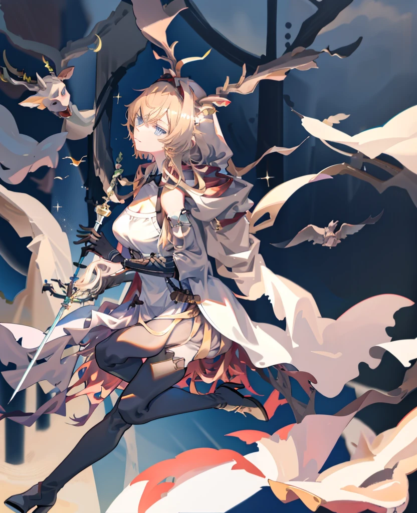 tmasterpiece,Best quality at best,A high resolution,
solo, 1girll, blond hairbl, blue color eyes, pony tails, deer ears, Deer tail,antlers
Moon Catastborn, dark armor, 1girll, solo, missiles, The sword, looking at viewert, pony tails, coda, armour, halter, horse tailed, Very long hair, mitts, Thighs, thighs, white backgrounid, By bangs, Hold the weapon, Sideburns, simple backgound, With a sword, Black thighs, Keep one's mouth shut, black color dress, cloaks, thigh boots, shift dresses, standing on your feet, Pelvic screen, cow boy shot, boots, mitts, Shoulder blades, chest plate, From the side Side, upper legs
