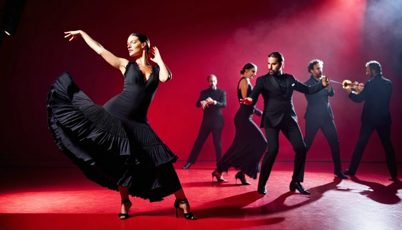 a beautiful flamenco dancer female dancing in black dress in the center of the picture. On both sides standing one - one musician: a flamenco guitarist and a jazz trumpet musician. Full body, shot, red background, real human hands with five fingers, real human skin, detailed facial features, sharp focus, depth of field, fashion photography, contrast lighting, studio lighting, cinematic lighting, volumetric lighting, raw, uhd, hdr, 4k, 35mm film