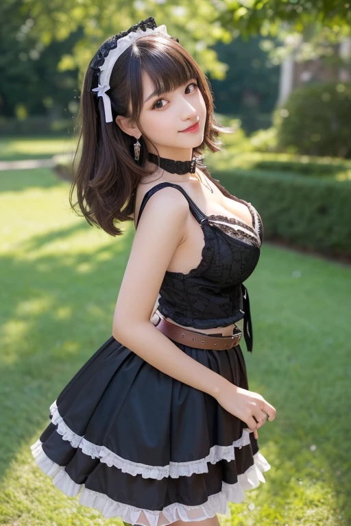 girl, White skin, ((Dark brown short tiered hair)), V cut with layers and bangs, Brown eyes, Soft atmosphere characteristics (Highest quality, Ultra-high resolution, 8K, RAW Photos, Ultra-high resolution: 1.2, masterpiece: 1.3), (Realistic, Realistic: 1.37), Very detailed, Professional Lighting, Photon Mapping, Radio City, Physically Based Rendering, One Girl, (high school girl), Sharp focus:1.2、Beautiful woman:1.4,cute, Nice, Adorable, smile, Normal chest, necklace、(Cleavage)、Gothic ta Fashion、Earrings、Belly button、back、Ass、Pink and black gothic loliutfit、Wearing a garta belt、garden、grass、mini skirt