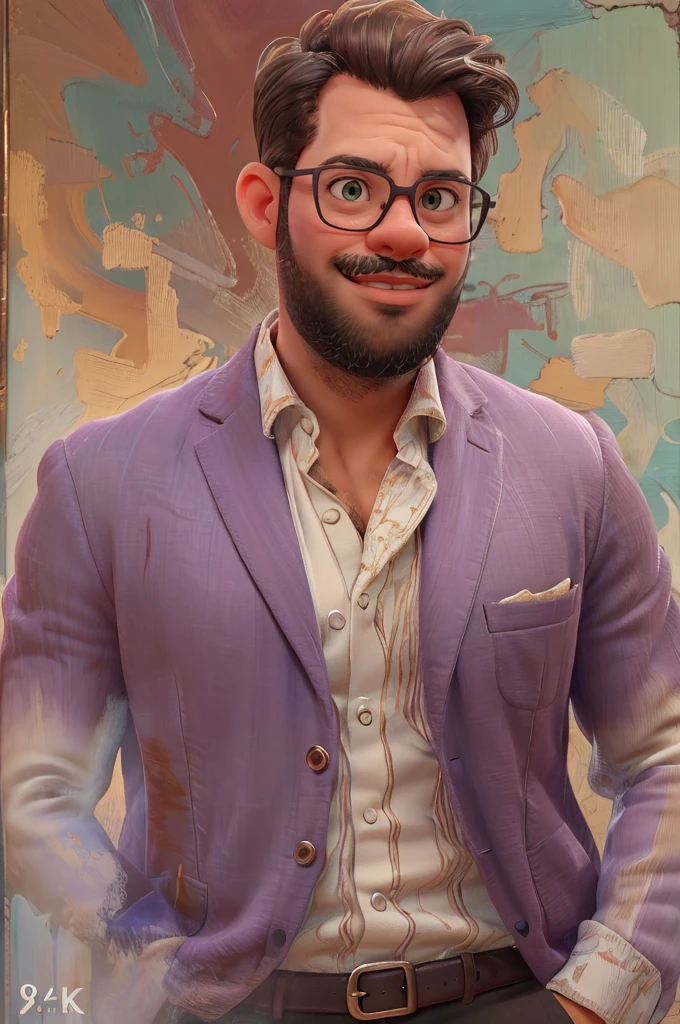 (best quality,4k,8k,highres,masterpiece:1.2),ultra-detailed,(realistic,photorealistic,photo-realistic:1.37),39 year old man,gradient hair,gradient beard,no mustache,strong jawline,sharp features,piercing eyes,intense gaze,distinguished appearance,sophisticated look,wise expression,wisdom and experience,confident smile,stylish outfit,fashionable attire,casual elegance,modern and classy,standing against a colorful abstract background,subtle lighting,soft shadows,rich color palette,vibrant hues,contrasting tones,artistic style,impressionist touch,elegant brushstrokes,texture and depth,realistic rendering,sophisticated details,meticulous attention to facial features,subtle wrinkles and lines,highly defined hair strands,perfectly groomed beard,fine skin texture and pores,detailed clothing folds and patterns,aesthetic composition,balanced and harmonious,fine art quality,painted on a canvas,portrait format,a masterpiece capturing the essence of age and wisdom.