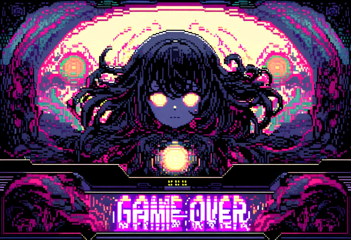 Elements: A pixel art game over screen, in dark tones, with the message "Game Over" highlighted. Lines of code and sound waves appear in the background, creating a psychedelic effect.

• Colors: Dark tones of red and black with points of white and yellow light.