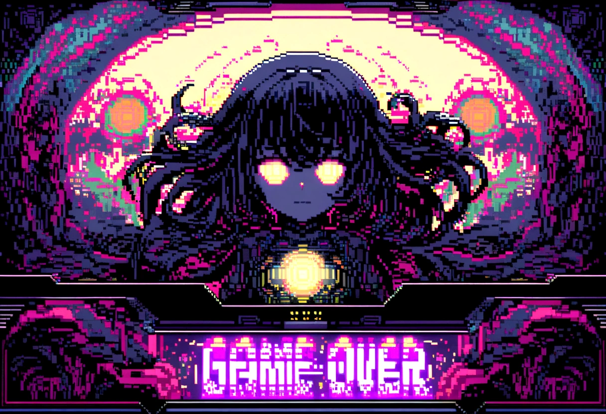 Elements: A pixel art game over screen, in dark tones, with the message "Game Over" highlighted. Lines of code and sound waves appear in the background, creating a psychedelic effect.
• Colors: Dark tones of red and black with points of white and yellow light.