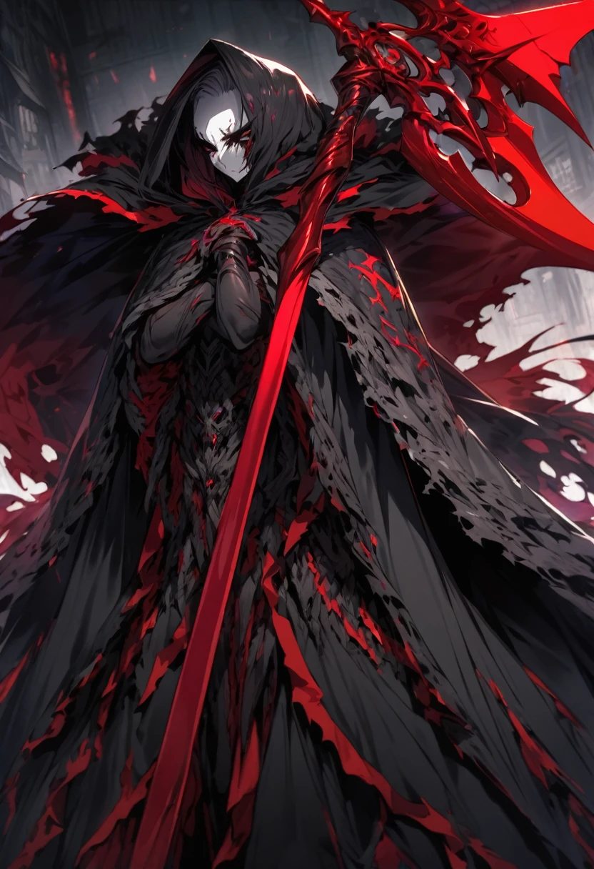 an extremely detailed cloak made of nightmares mixed with darkness & a crimson bladed scythe made of the same material wielded in both hands