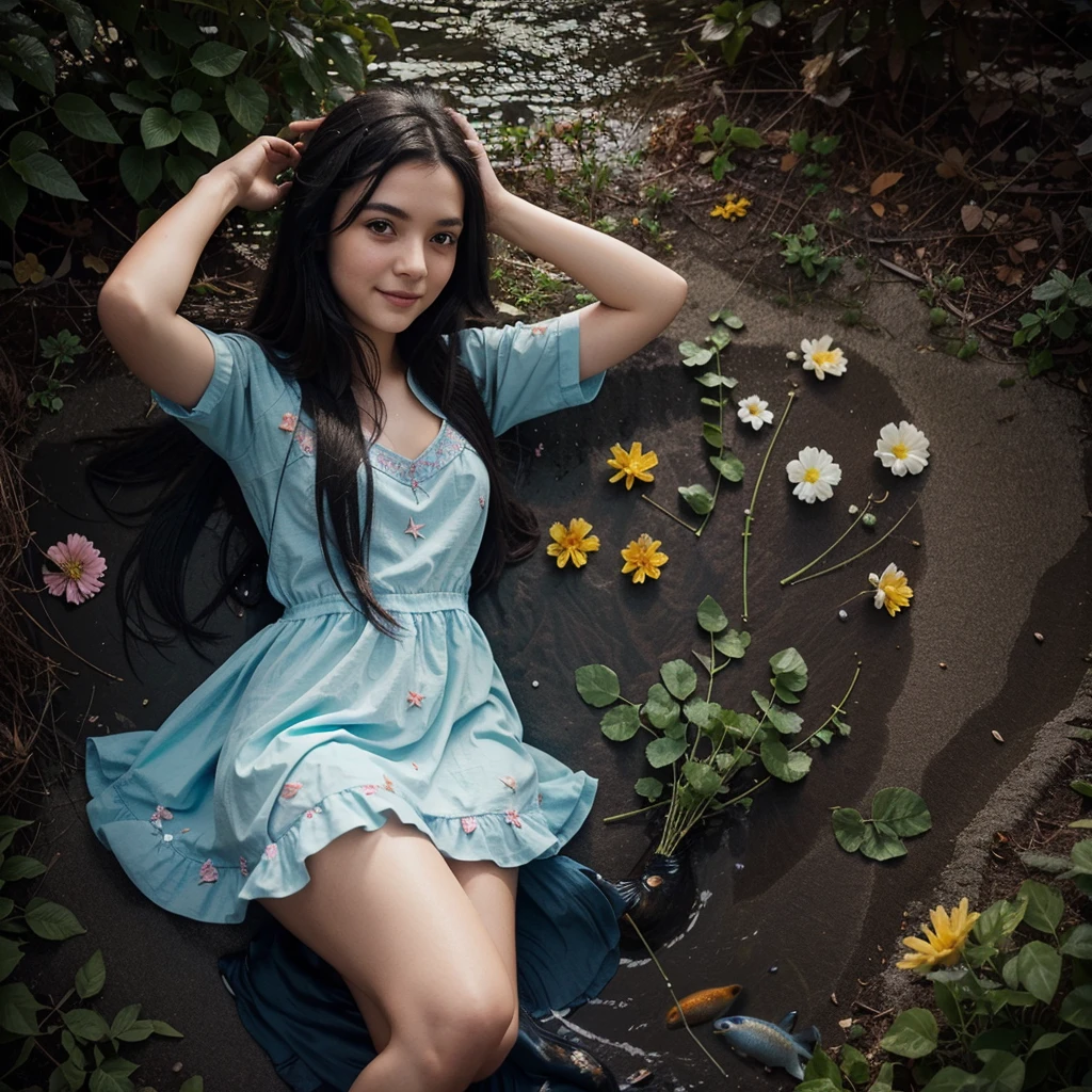 create an image, of a girl with semi-long black hair playing with flowers and fish, something magical and deep, magical and fun atmosphere, happy girl in a beautiful dress, In the universe, dark and bright stars