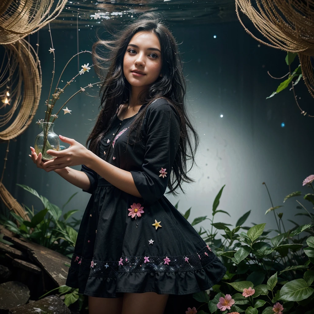 create an image, of a girl with semi-long black hair playing with flowers and fish, something magical and deep, magical and fun atmosphere, happy girl in a beautiful dress, In the universe, dark and bright stars