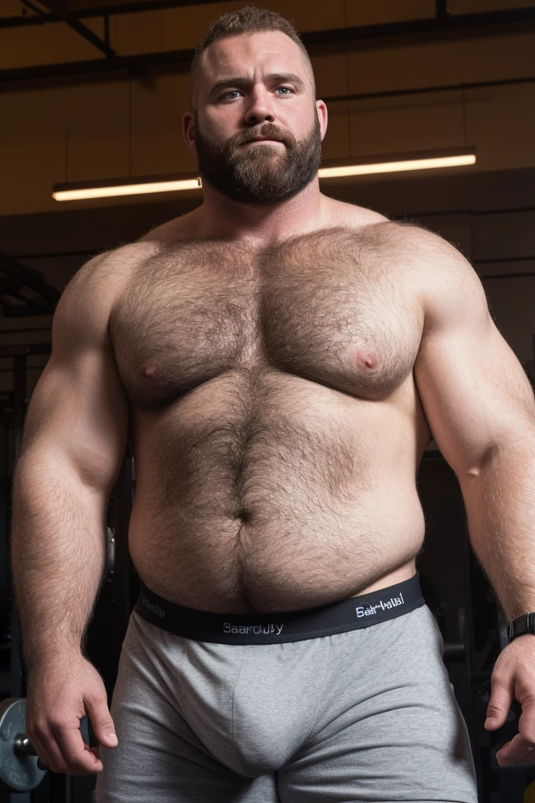 8KUHD HDR Very Extremely Realistic Very Detailed High Quality Create a professional studio-style Very Real photograph featuring a middle-aged daddy rugged muscle bears man , burly, very hairy, very beared big daddy muscle bear, and very realistic detailed rugged burly man and his husband in boxer shorts. Very Realistic boxer shorts, very realistic detailed bulge, very realistic hair, very realistic beards, very realistic thick chubby neck, very realistic neck lines, very realistic detailed neck, very realistic belly, very realistic burly chest, very realistic detailed hairy burly strong chest and arms, very realistic detailed hairy burly strong chest and arms, very realistic pecs, very realistic burly muscle bear body, very realistic nipples, very realistic burly muscle bear body, very realistic face, very realistic detailed face, very realistic eyes, very realistic detailed eyes, very realistic pupils, very realistic detailed pupils, very realistic nose, very realistic ears, very realistic facial features, very realistic burly arms, very realistic elbows, very realistic hands, very realistic pecs, very realistic belly, very realistic human man body, very realistic bellybutton, very realistic wrists, very realistic fingers, very realistic fingernails, very realistic shoulders, very realistic mouth, very realistic lips, very realistic detailed skin, very realistic skin, very realistic mens clothing, very realistic detailed mens clothing. Very Realistic Hairy Bearded Burly Muscle bear Photoshoot, A very realistic burly muscle bear man in a Gym, in a very realistic romantic and virile Gym scene. Very Realistic Intricately Detailed, Utilize all appropriate realistic lighting techniques for studio photography" very realistic detailed Gym surroundings, very realistic surroundings lighting, No Deformities, captured with a 85mm lens by a world famous photographer, Very Ultra Realistic and Very Realistic Photograph, Clear HDR Quality full with very realistic real details