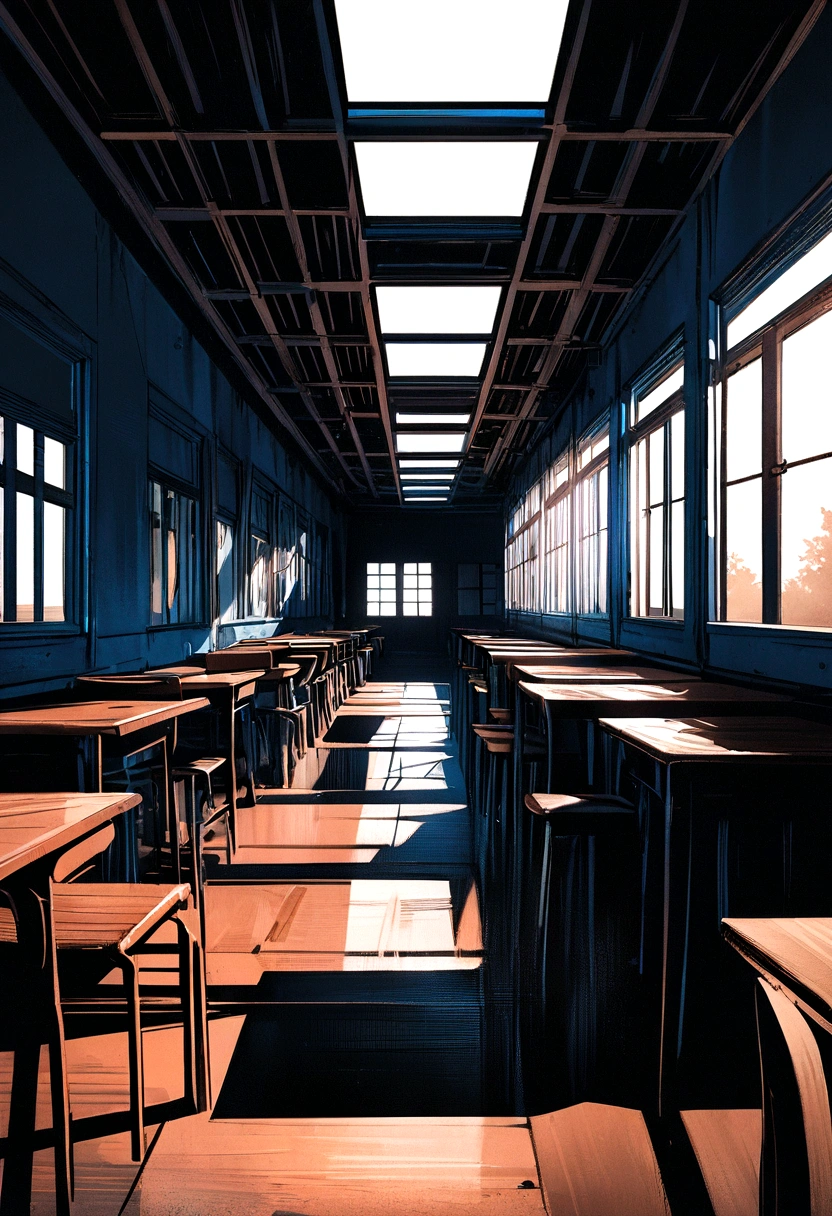 a school cafeteria, abandoned, windows on the sides, empty place, jujutsu kaisen manga/anime, digital art, stylized art, brush illustration, detailed architecture, moody lighting, warm hues, high contrast, photorealistic, 8k, best quality, masterpiece, a blue light in area, 1floor