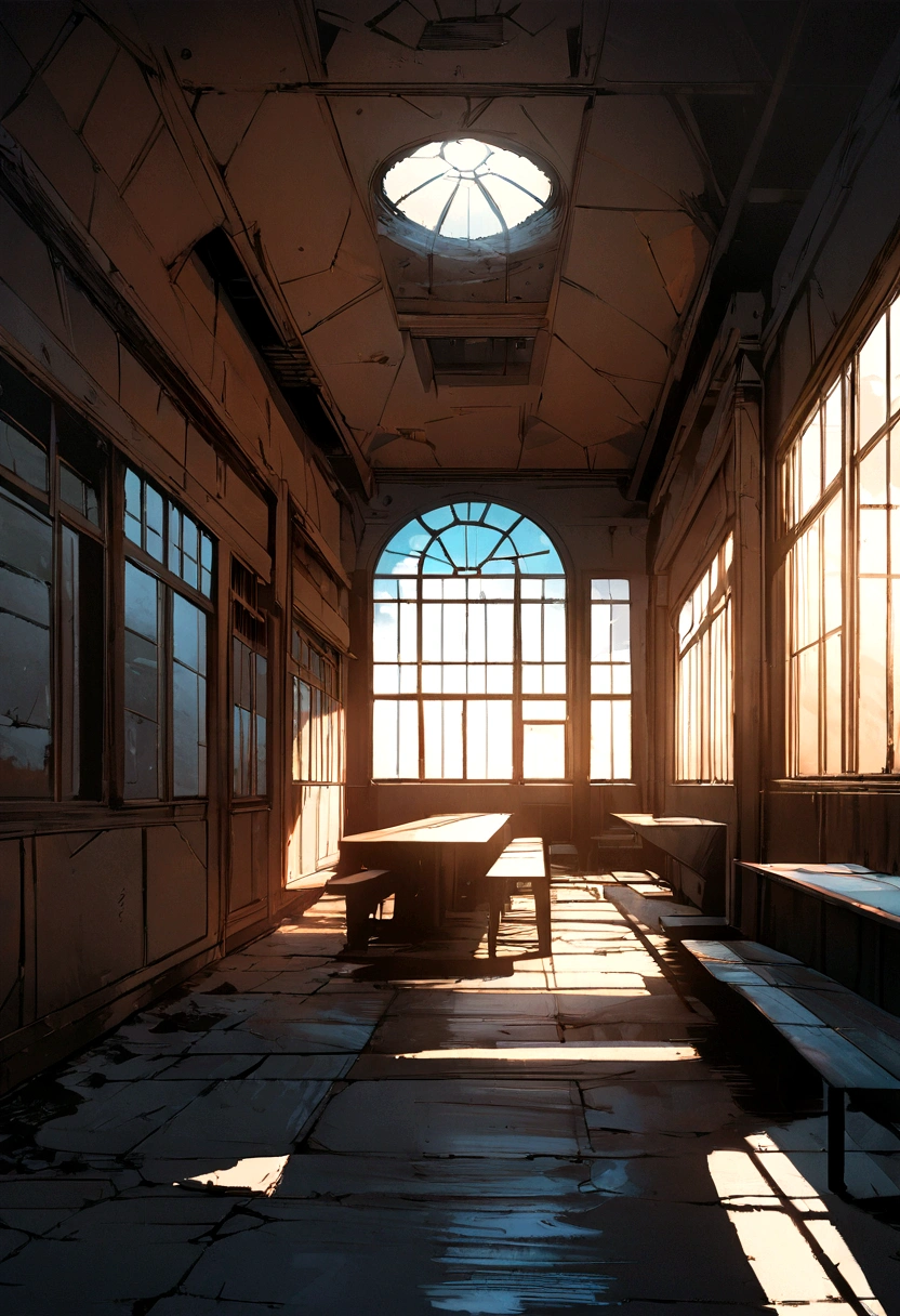 a school cafeteria, abandoned, windows on the sides, empty place, jujutsu kaisen manga/anime, digital art, stylized art, brush illustration, detailed architecture, moody lighting, warm hues, high contrast, photorealistic, 8k, best quality, masterpiece, a blue light in area, 1floor 