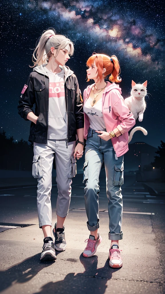 (((Holding a cute orange bantam cat in both hands))),((Highest quality,masterpiece,Full body front view of a mature beauty with big breasts,Air bangs,Blue gray high ponytail super long straight hair,Slightly curly hair on double sideburns,Hair ends curled in,Gray and pink short T-shirt,Light blue denim gray hooded jacket,Black and gray long and wide cargo pants,Pink and white sneakers)),Simple, small and exquisite round necklace,Little star earrings,Wearing a very thin gold bracelet on the right hand,starry sky galaxy background,Look at the camera