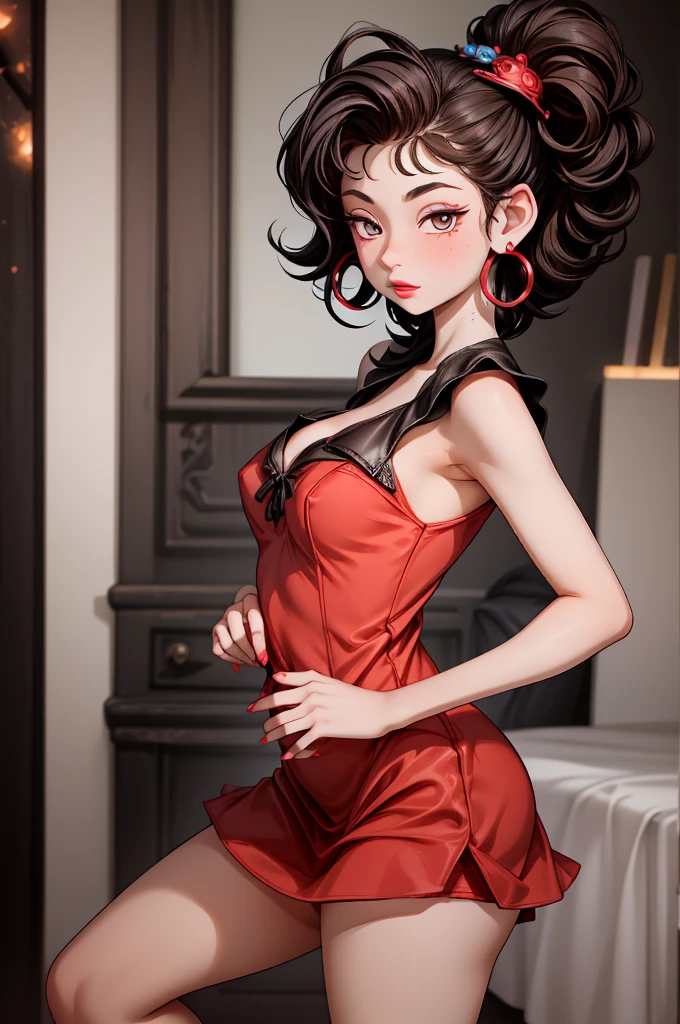 (8K HDR photorealistic pic), Betty Boop, short, althetic, curvy lady, ((tight little red dress)), dark eyebrows, black lipstick, (hoop earrings), dark eyeshadow, black lipstick, curvy, busty, (curly short black hair), shortstack, (retroussé breasts), darling figure, (supple pouting breasts), firm thighs, hourglass figure, kerchief, big brown eyes, dancing seductively